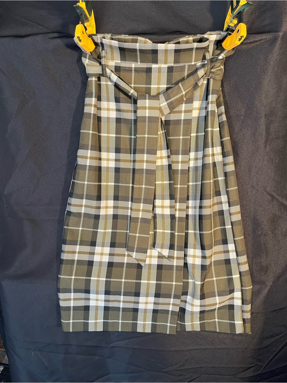 H&M Olive Green Plaid Tie-Waist Midi Skirt
